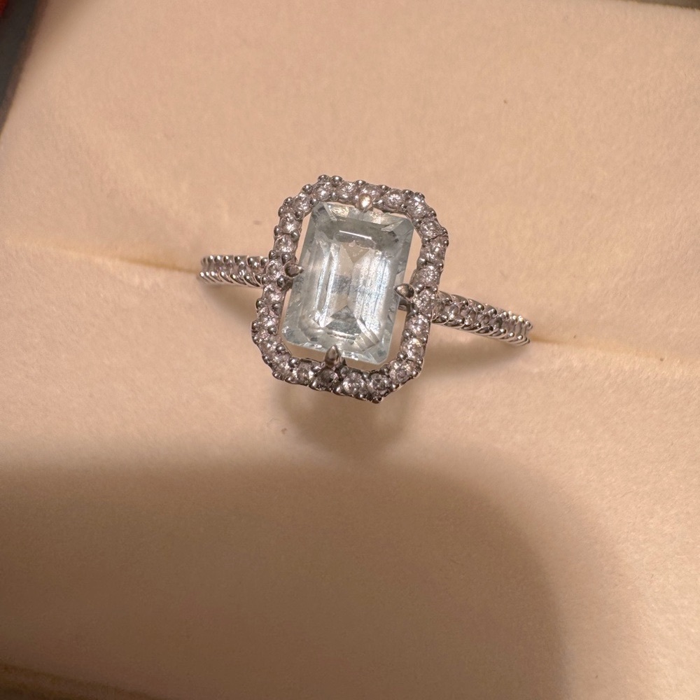 White Gold Aquamarine Ring w/ Diamond Halo and band